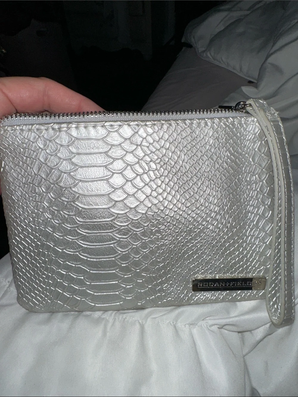 NWOT Rodan + Fields Metallic Silver Snake-Embossed Cosmetic Pouch